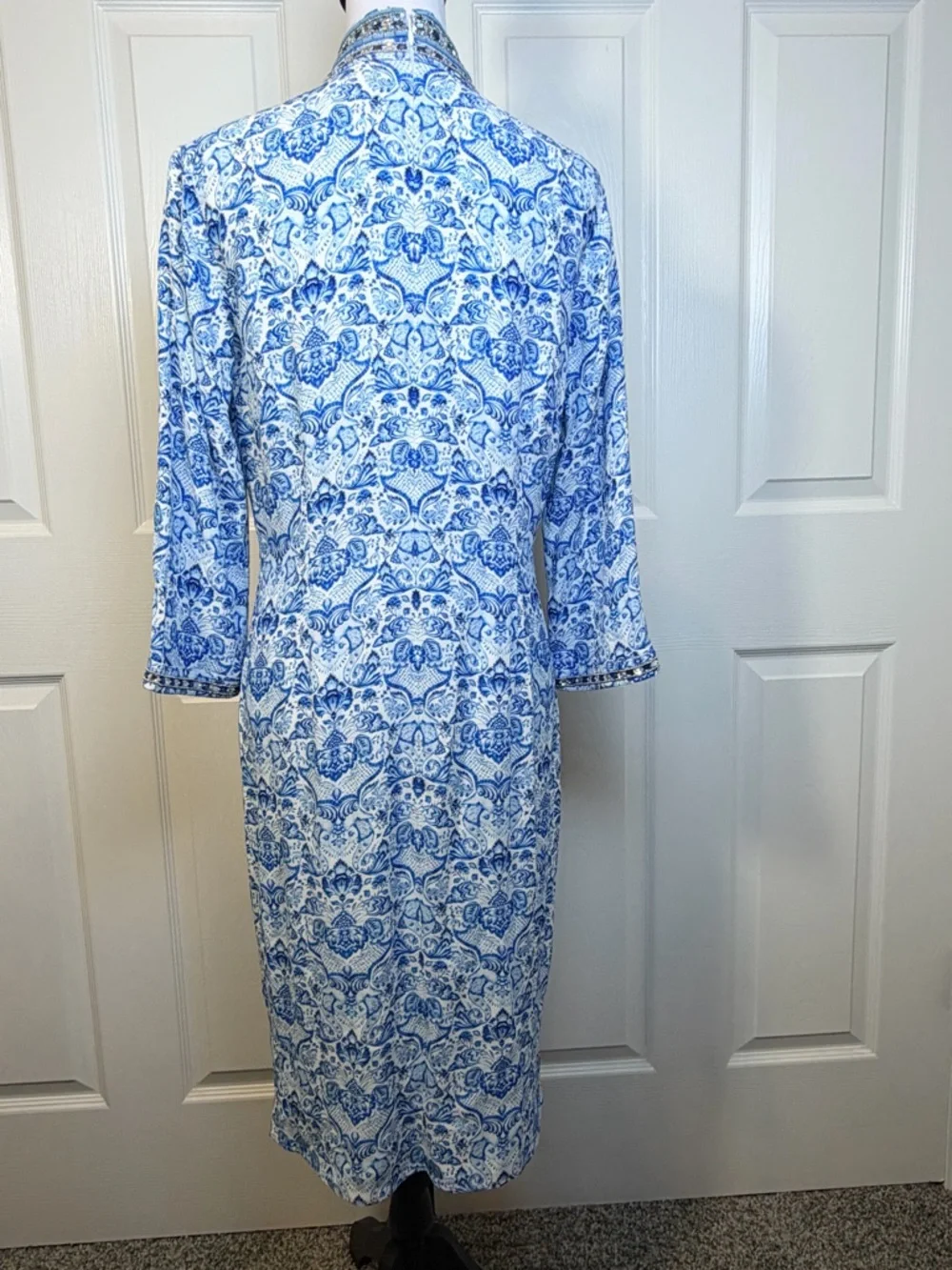Nicoblu Beaded Resort Dress Blue White Mediterranean Luxe Size 6 - Picture 7 of 15
